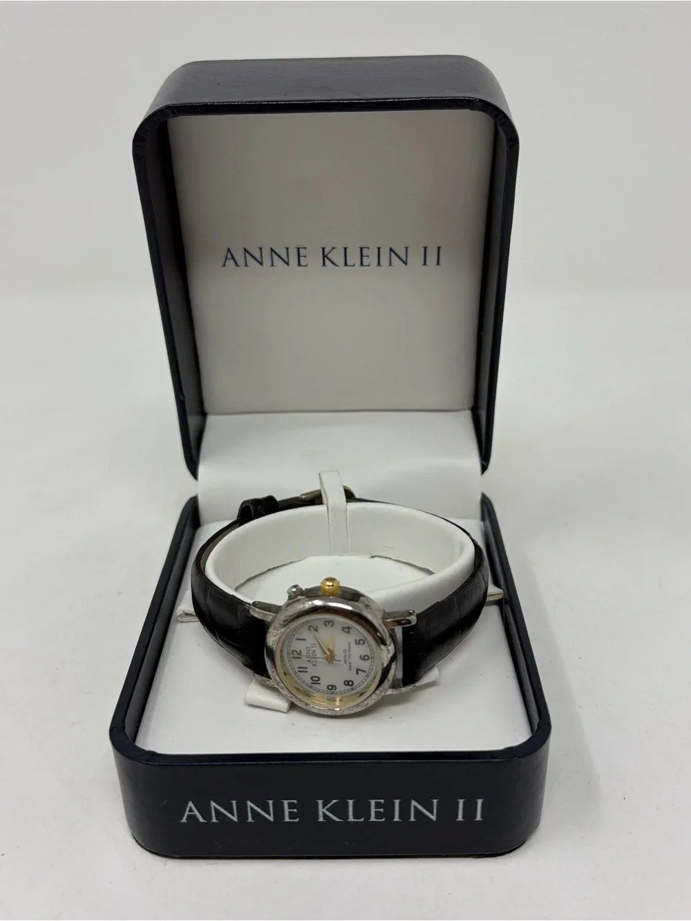 Anne Klein II Women’s Wristwatch Black Leather Strap & Anne Klein Watch Gift Box